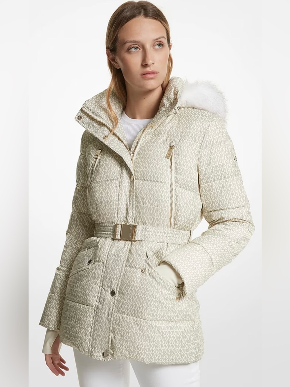 Michael Kors Faux Fur Trim Quilted Belted Puffer Jacket